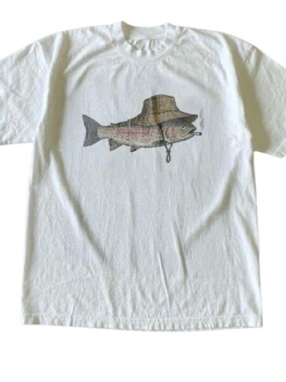 White Short-Sleeve Tee with Fish Wearing Bucket Hat Graphic